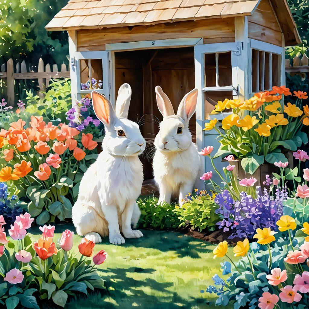 A serene backyard scene featuring a playful bunny amidst a vibrant flower garden, surrounded by essential bunny care items like a cozy hutch, fresh vegetables, and chew toys. The sun shines gently, casting a warm glow over the scene, emphasizing a sense of peace and happiness. Soft pastel colors create a welcoming atmosphere for rabbit enthusiasts. watercolor painting. whimsical style.