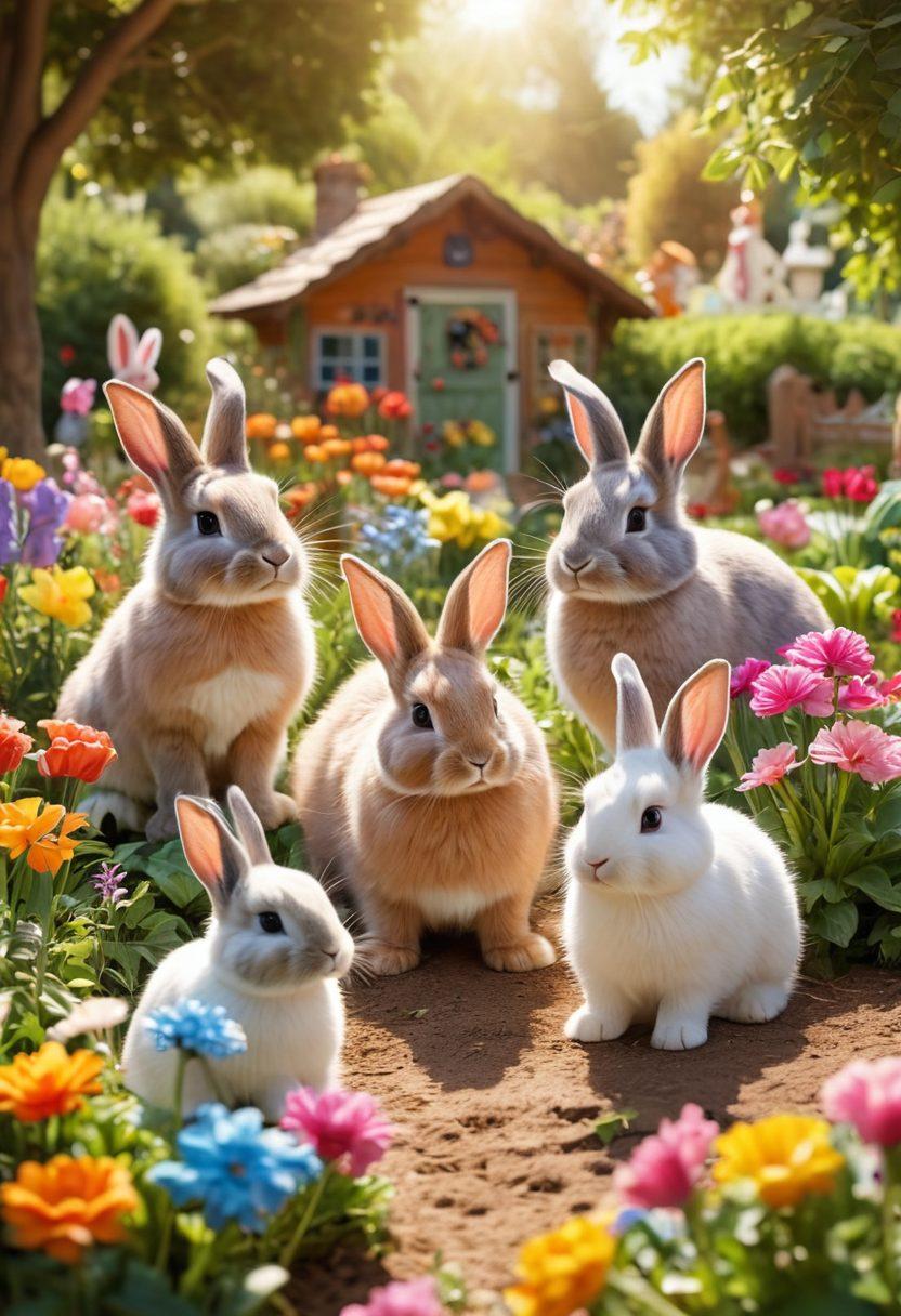 A warm and inviting scene showcasing a diverse group of adorable rabbits in a cozy community garden, surrounded by colorful flowers and playful bunny toys. Parents are gently teaching their excited children how to care for rabbits, sharing tips and laughter. Soft sunlight filters through the trees, creating a nostalgic, friendly atmosphere. Vibrant colors. super-realistic.