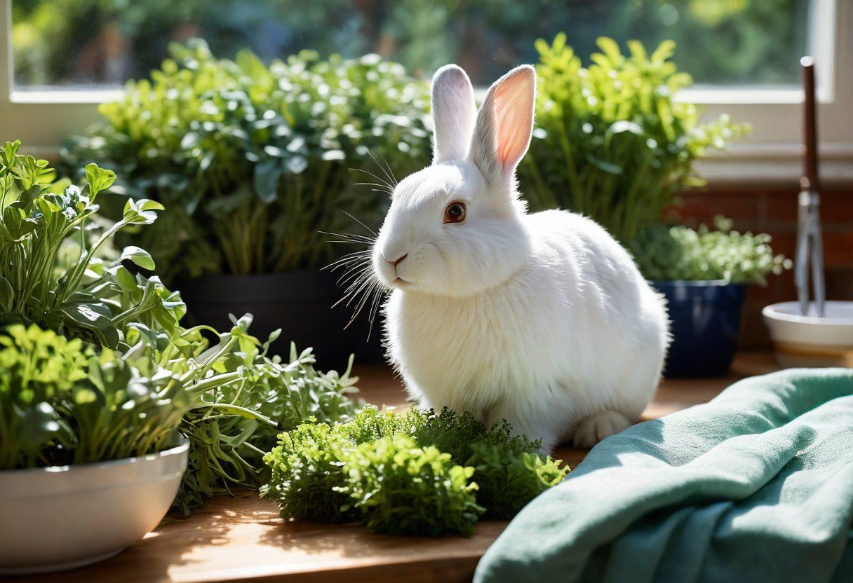 A serene scene of a fluffy rabbit munching on fresh greens in a sunlit garden, surrounded by grooming tools like brushes and clippers. Include a soft, cozy bedding area to emphasize comfort, with a small bowl of water nearby. Showcase vibrant colors to bring out the liveliness of the rabbit and the greenery. Illustrate a warm and caring atmosphere. super-realistic. vibrant colors. natural light.